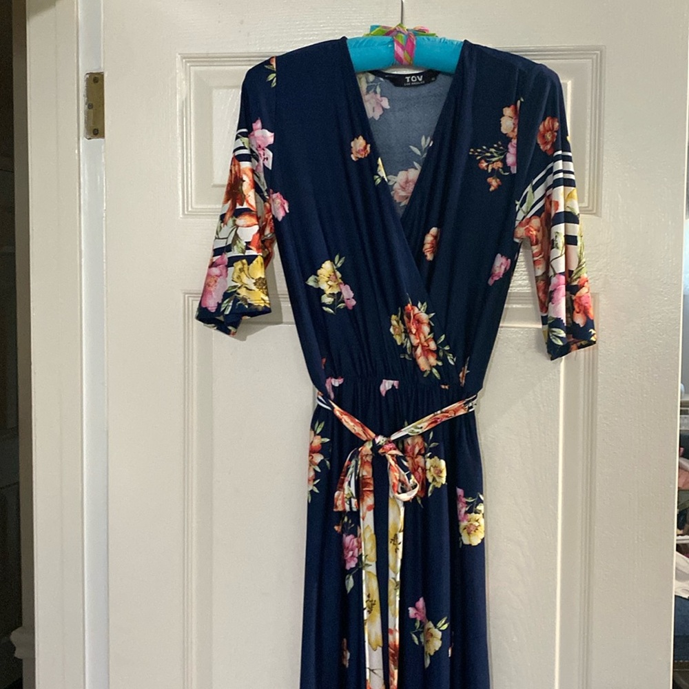 Navy floral border print maxi dress.